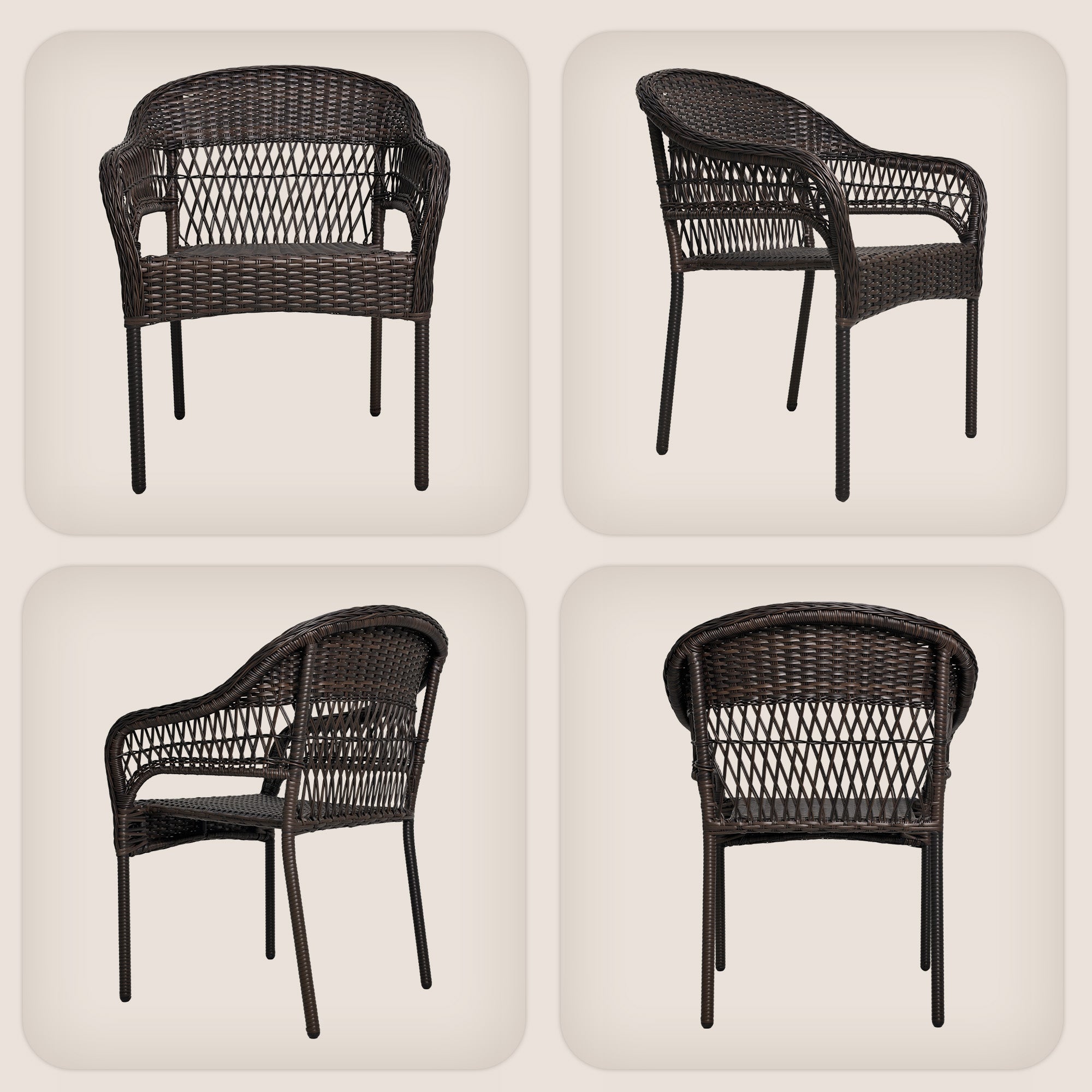 Arro Bistro Stacking Chairs, Mocha, Wicker Construction, Indoor & Outdoor - 4 Piece Set