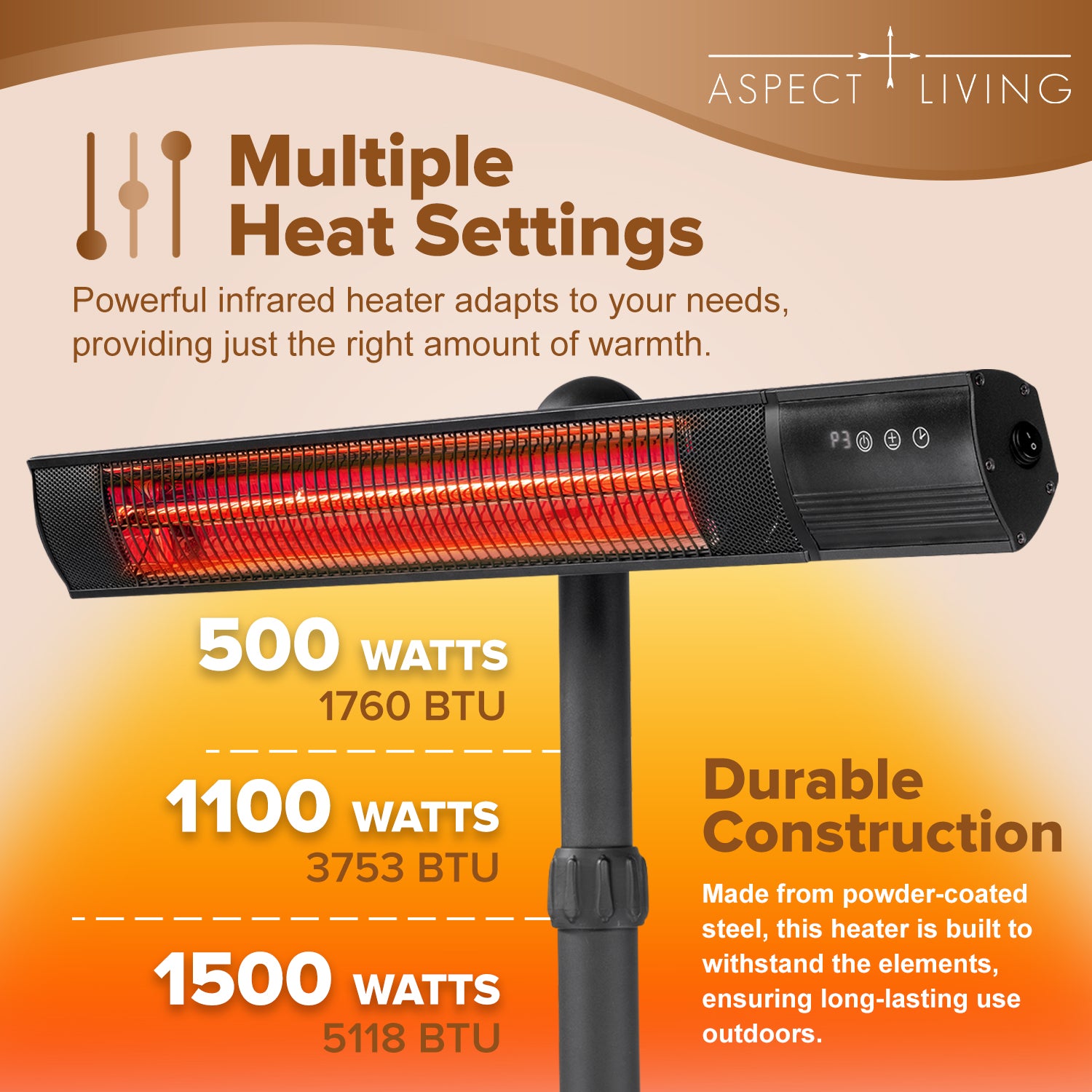 Outdoor Heater for Patio Electric, Infrared Heater, Electric Heaters for Outdoor/Indoor use, 24H Timer 1500W 3 Settings Powder Coated Steel Tip over Protection System