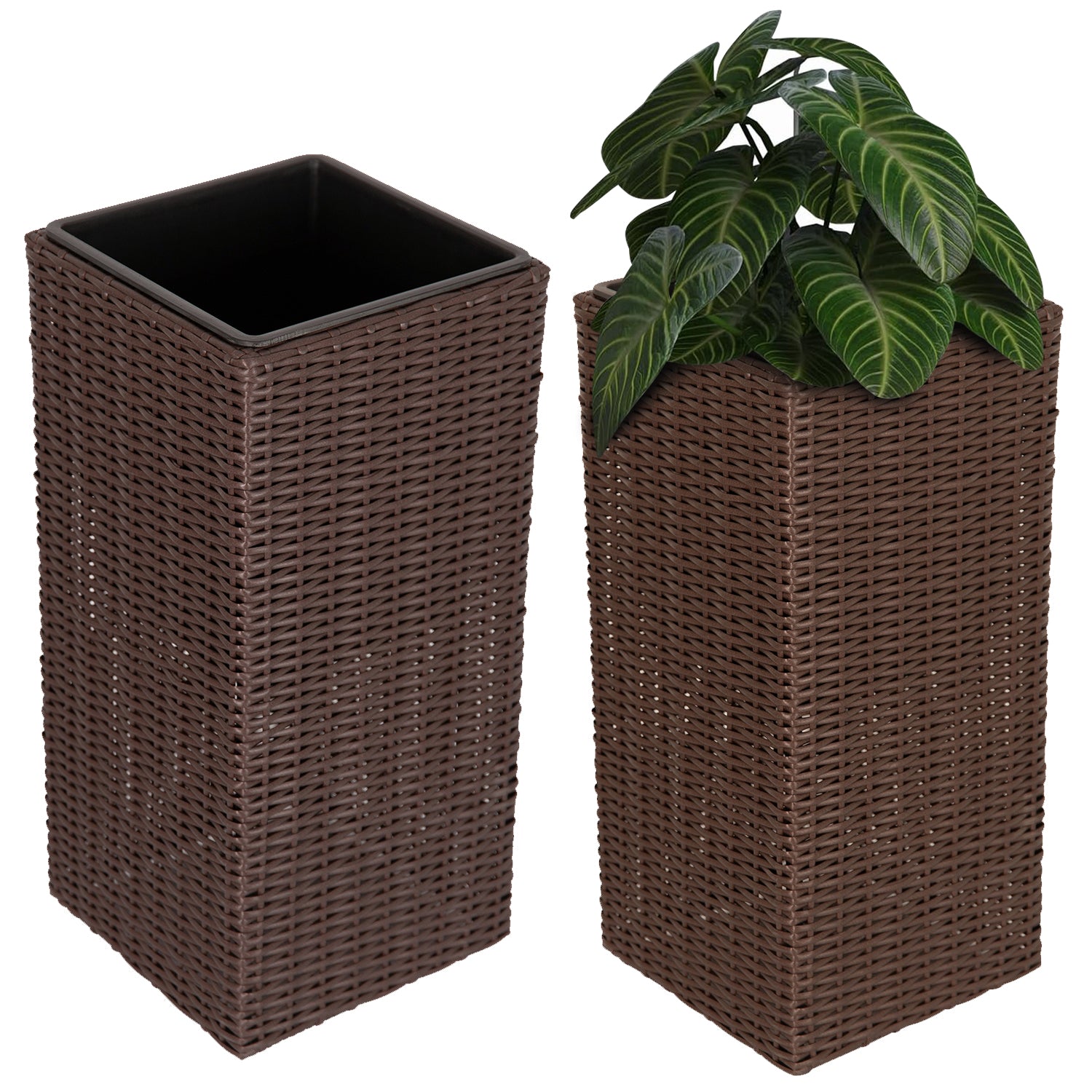 Sierra Square Wicker Planter Set of 2 - Modern Outdoor Planters for Patio, Balcony, or Garden - Brown