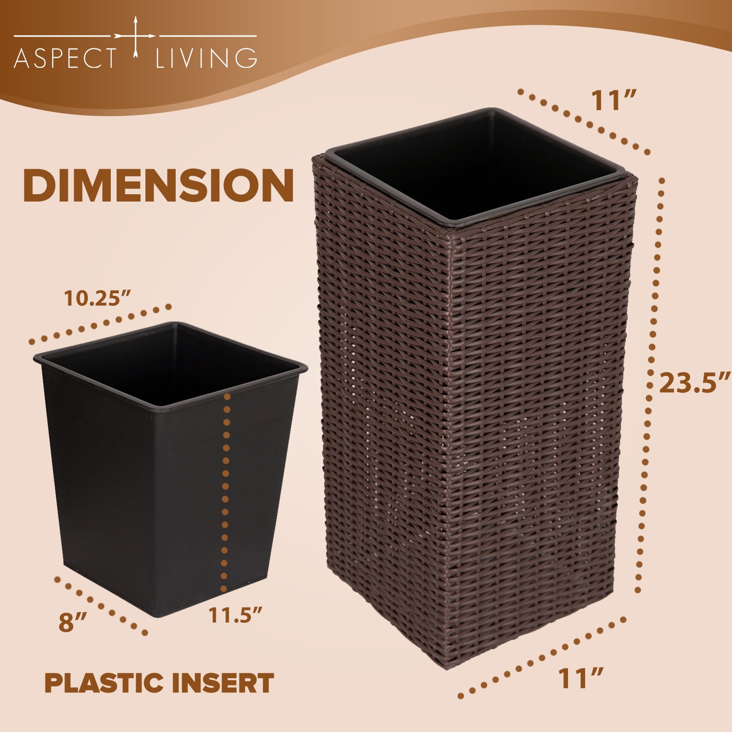 Sierra Square Wicker Planter Set of 2 - Modern Outdoor Planters for Patio, Balcony, or Garden - Brown