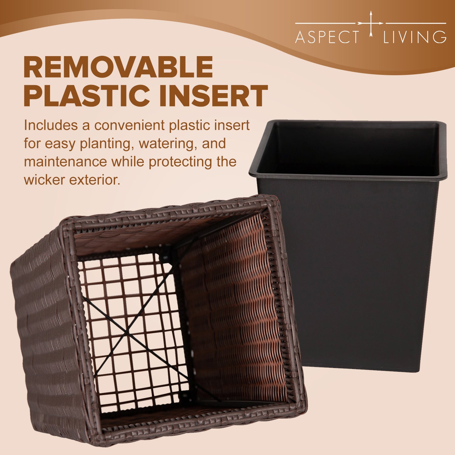 Sierra Square Wicker Planter Set of 2 - Modern Outdoor Planters for Patio, Balcony, or Garden - Brown