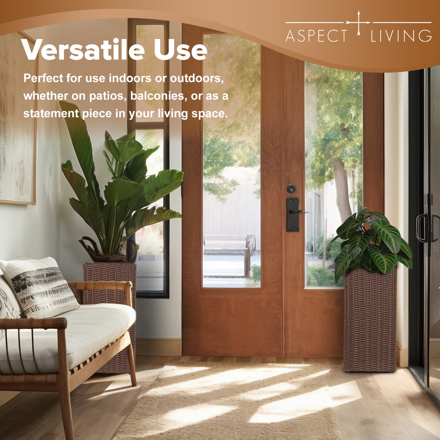 Sierra Square Wicker Planter Set of 2 - Modern Outdoor Planters for Patio, Balcony, or Garden - Brown