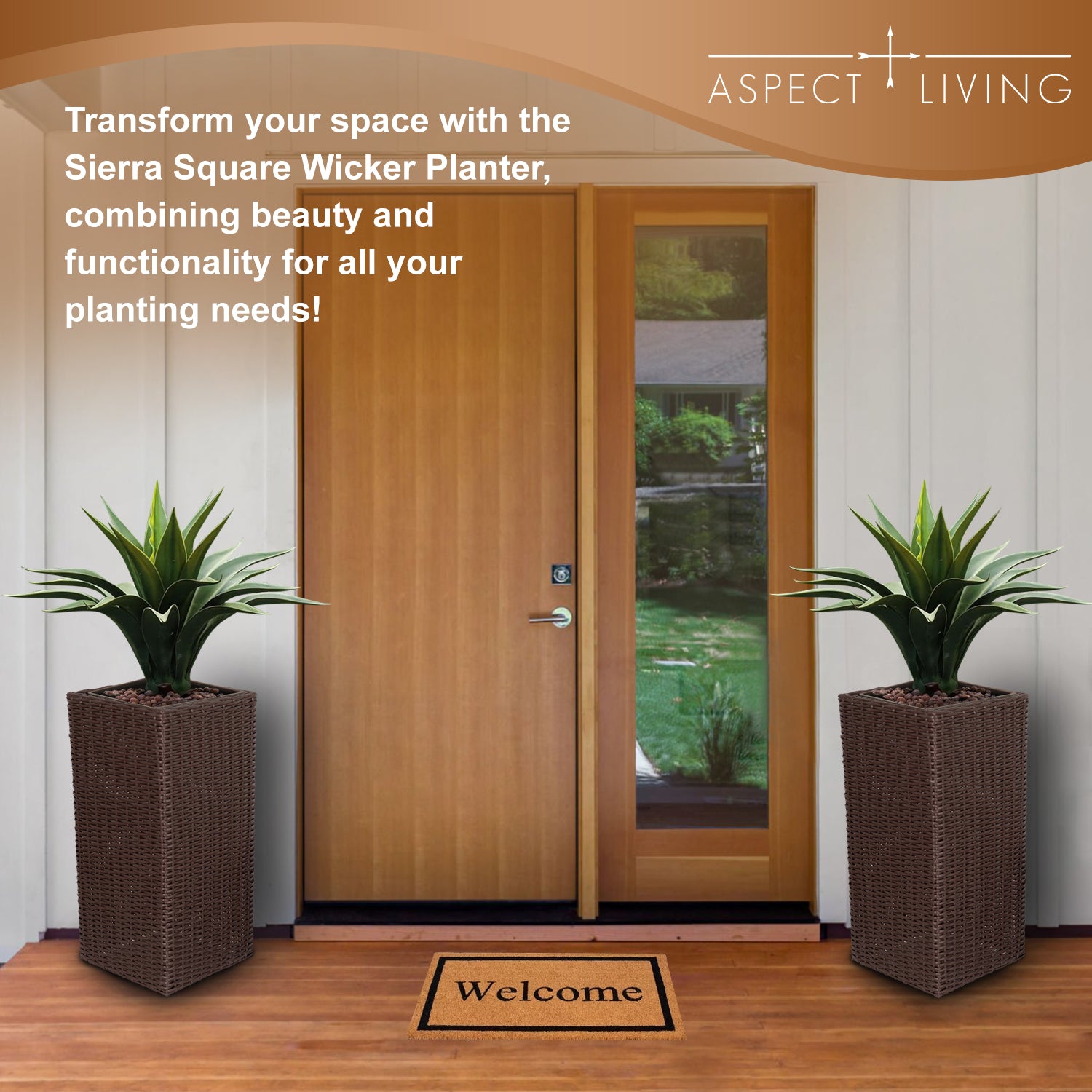 Sierra Square Wicker Planter Set of 2 - Modern Outdoor Planters for Patio, Balcony, or Garden - Brown