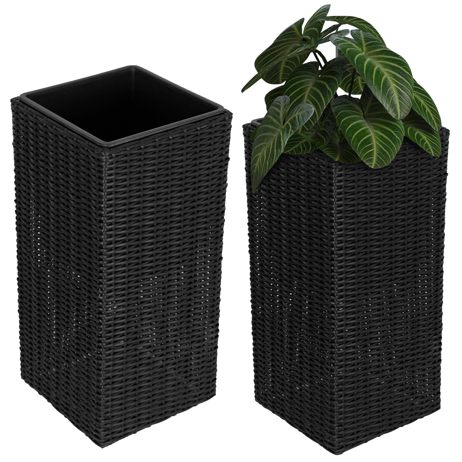 Sierra Square Wicker Planter Set of 2 - Modern Outdoor Planters for Patio, Balcony, or Garden - Black