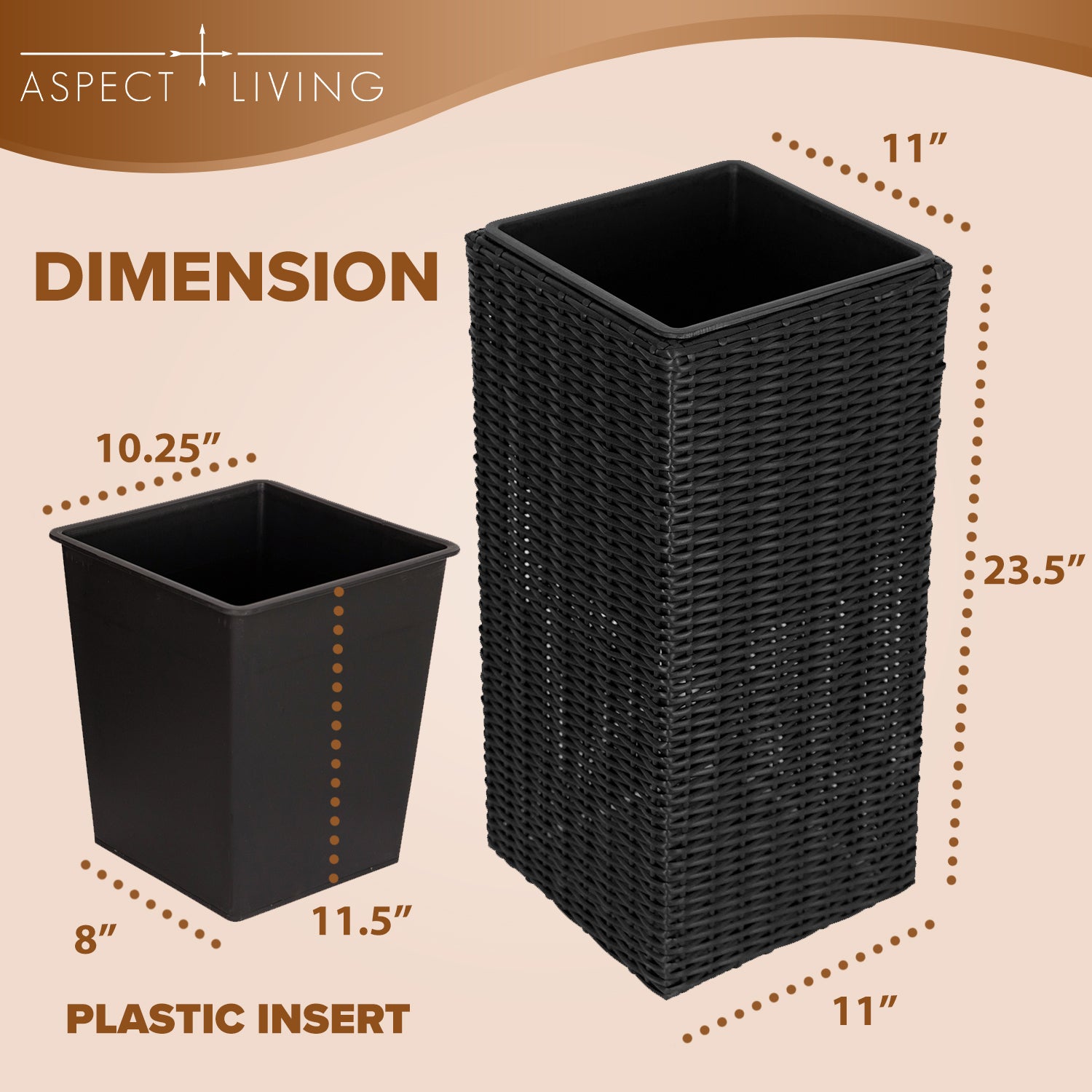 Sierra Square Wicker Planter Set of 2 - Modern Outdoor Planters for Patio, Balcony, or Garden - Black