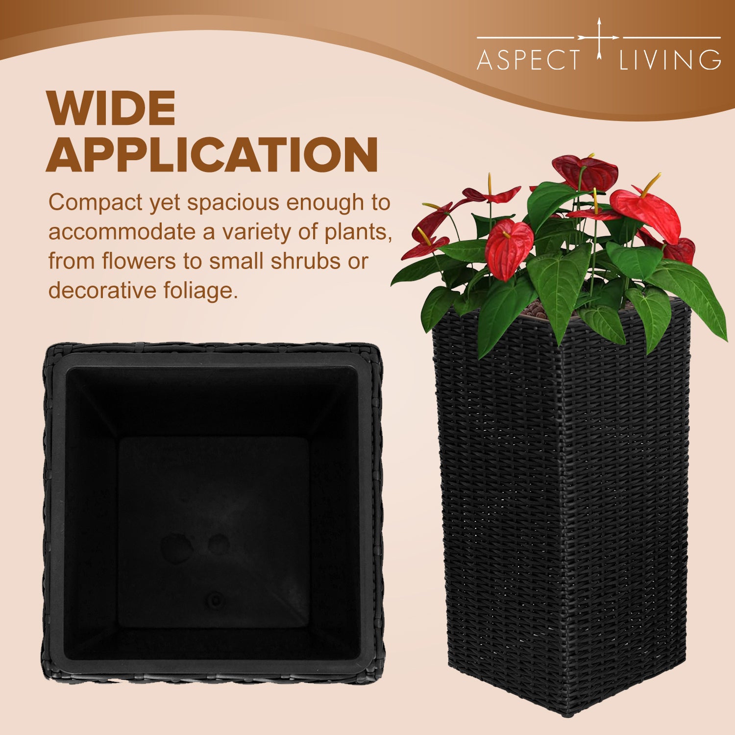 Sierra Square Wicker Planter Set of 2 - Modern Outdoor Planters for Patio, Balcony, or Garden - Black