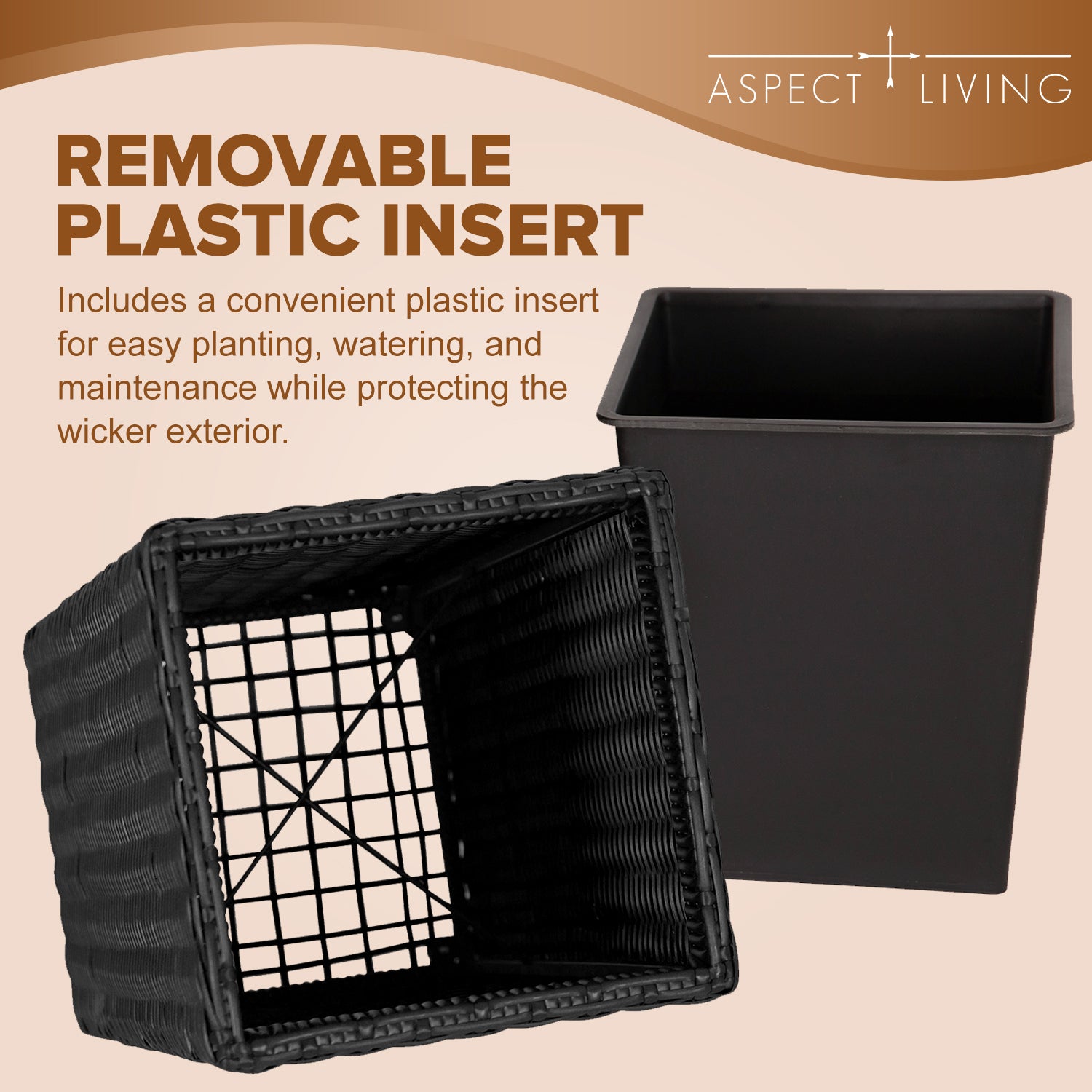 Sierra Square Wicker Planter Set of 2 - Modern Outdoor Planters for Patio, Balcony, or Garden - Black