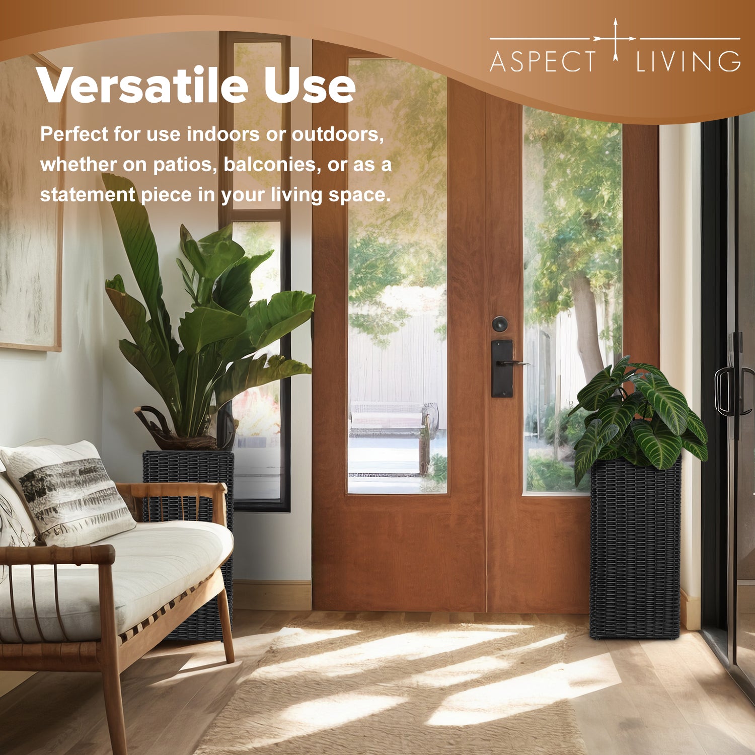 Sierra Square Wicker Planter Set of 2 - Modern Outdoor Planters for Patio, Balcony, or Garden - Black