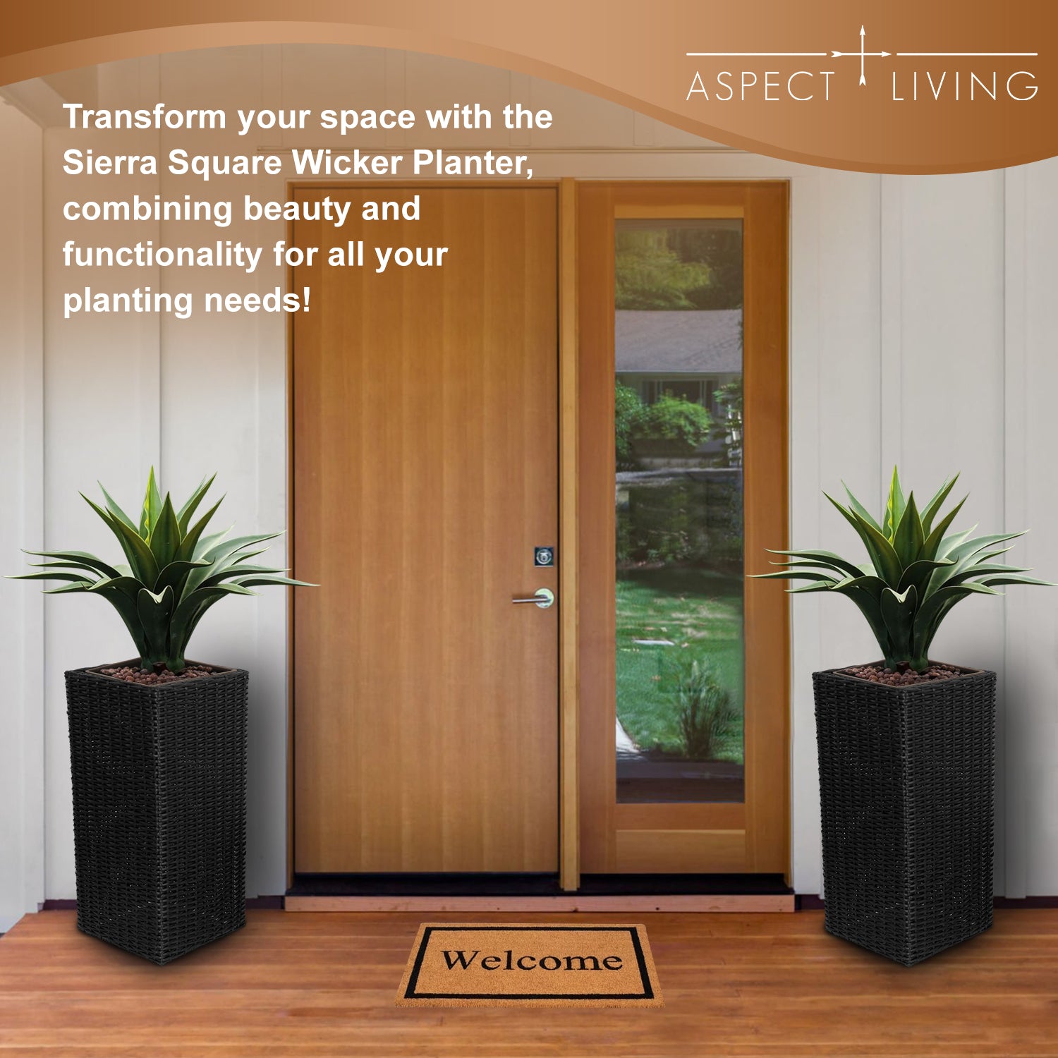 Sierra Square Wicker Planter Set of 2 - Modern Outdoor Planters for Patio, Balcony, or Garden - Black