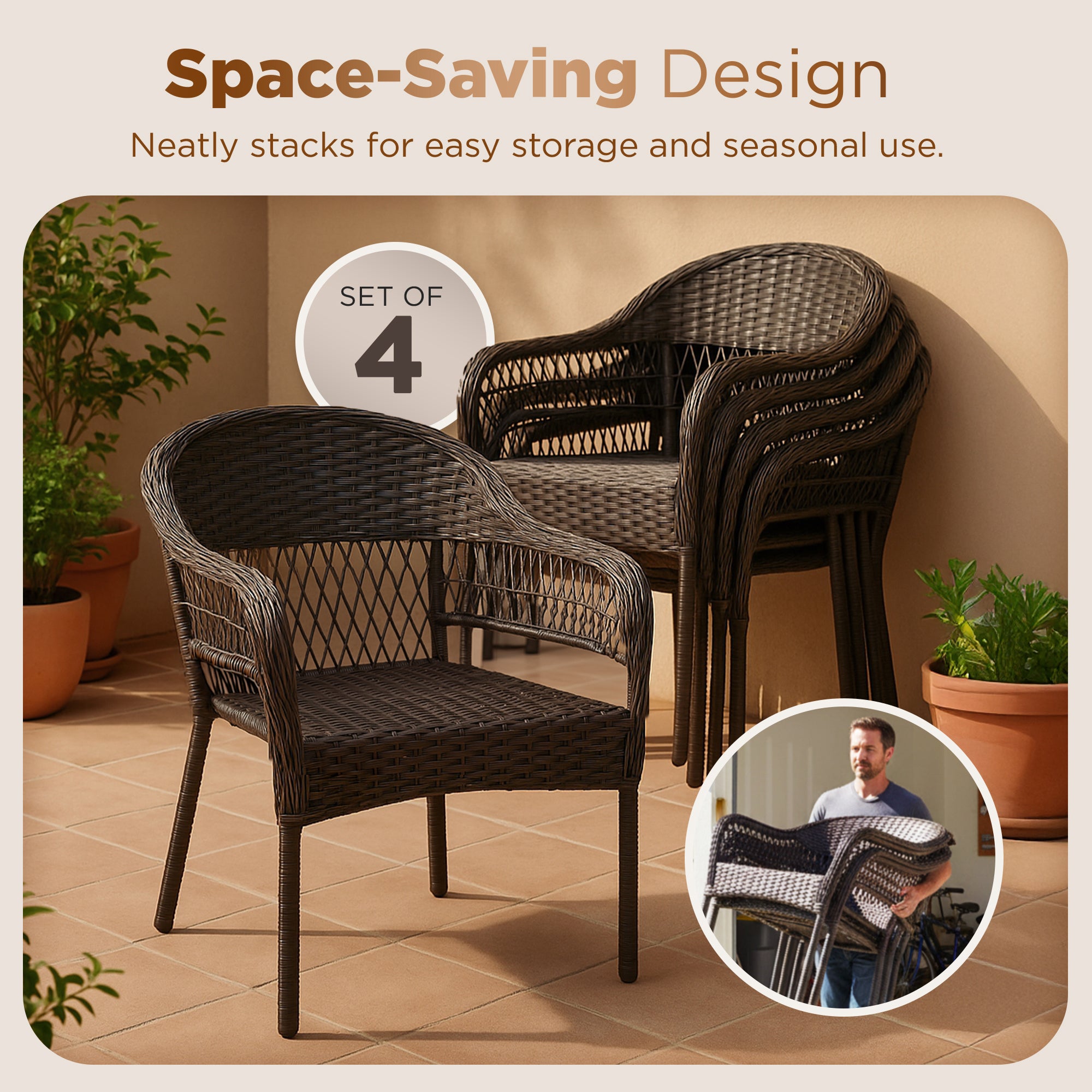 Arro Bistro Stacking Chairs, Mocha, Wicker Construction, Indoor & Outdoor - 4 Piece Set