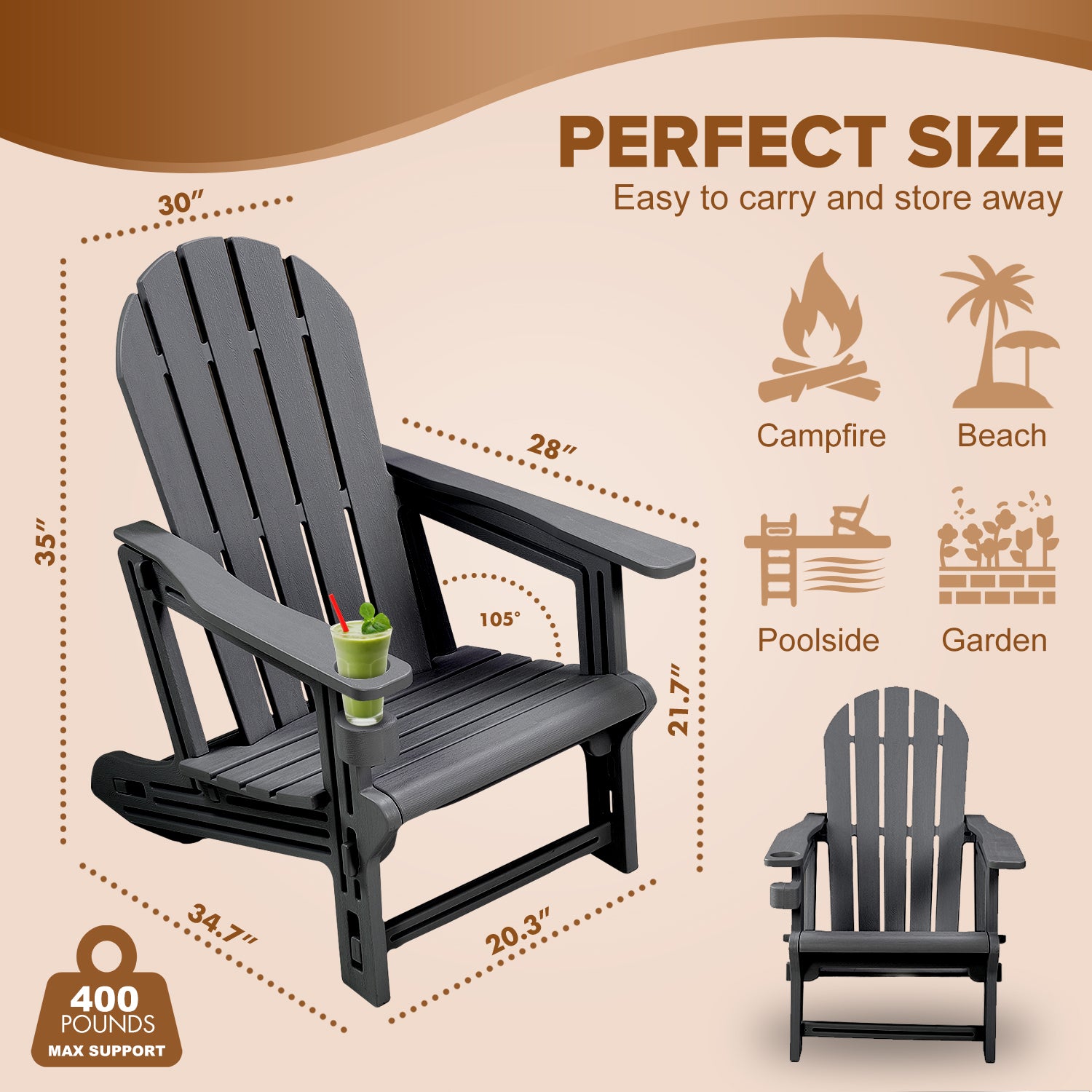 Adirondack Chair - HDPE Weather Resistant, No Tools and Hardware Required 5-Minute Assembly, Patio, Firepit or Lawn Chairs, Black