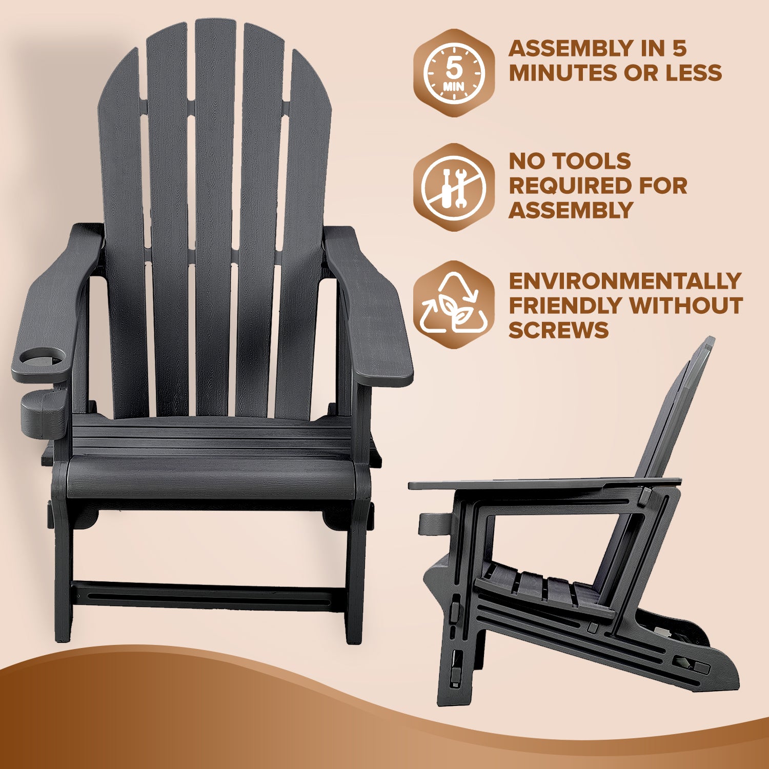 Adirondack Chair - HDPE Weather Resistant, No Tools and Hardware Required 5-Minute Assembly, Patio, Firepit or Lawn Chairs, Black