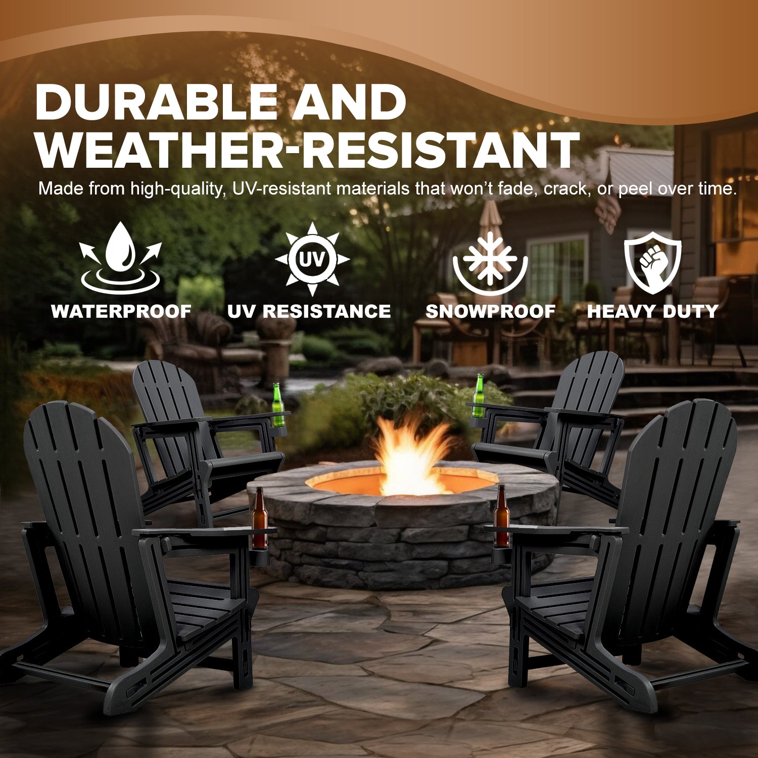Adirondack Chair - HDPE Weather Resistant, No Tools and Hardware Required 5-Minute Assembly, Patio, Firepit or Lawn Chairs, Black