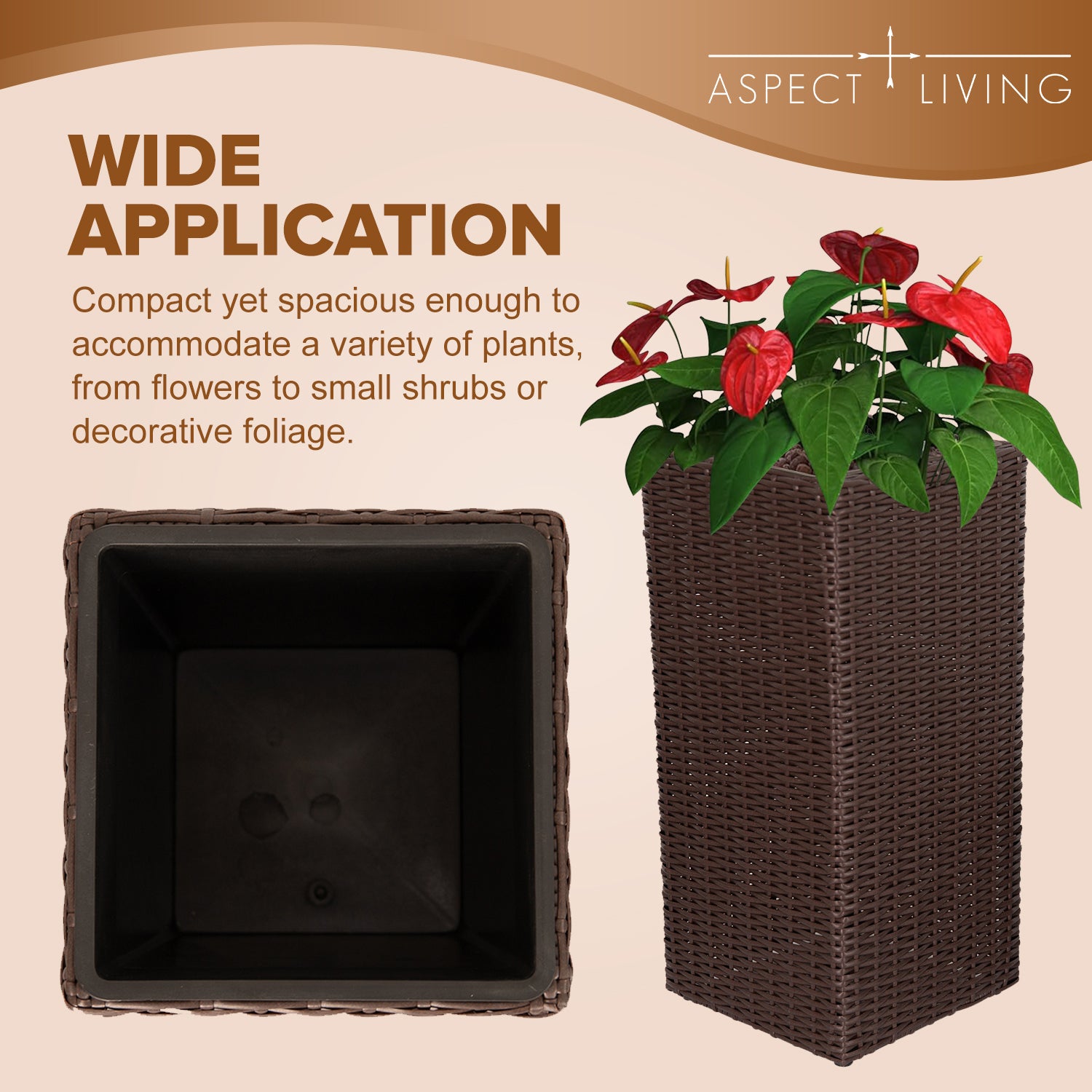 Sierra Square Wicker Planter Set of 2 - Modern Outdoor Planters for Patio, Balcony, or Garden - Brown