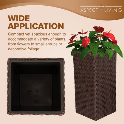 Sierra Square Wicker Planter Set of 2 - Modern Outdoor Planters for Patio, Balcony, or Garden - Brown