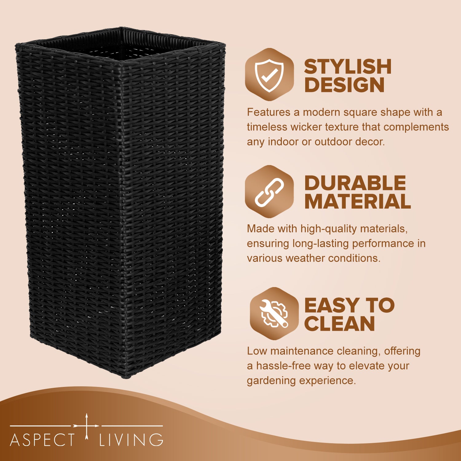 Sierra Square Wicker Planter Set of 2 - Modern Outdoor Planters for Patio, Balcony, or Garden - Black
