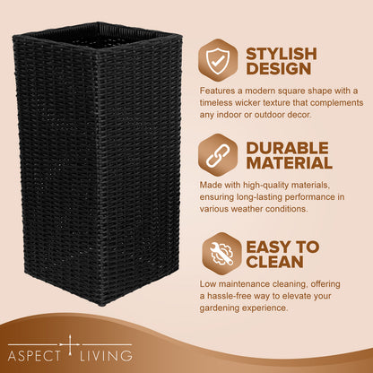 Sierra Square Wicker Planter Set of 2 - Modern Outdoor Planters for Patio, Balcony, or Garden - Black