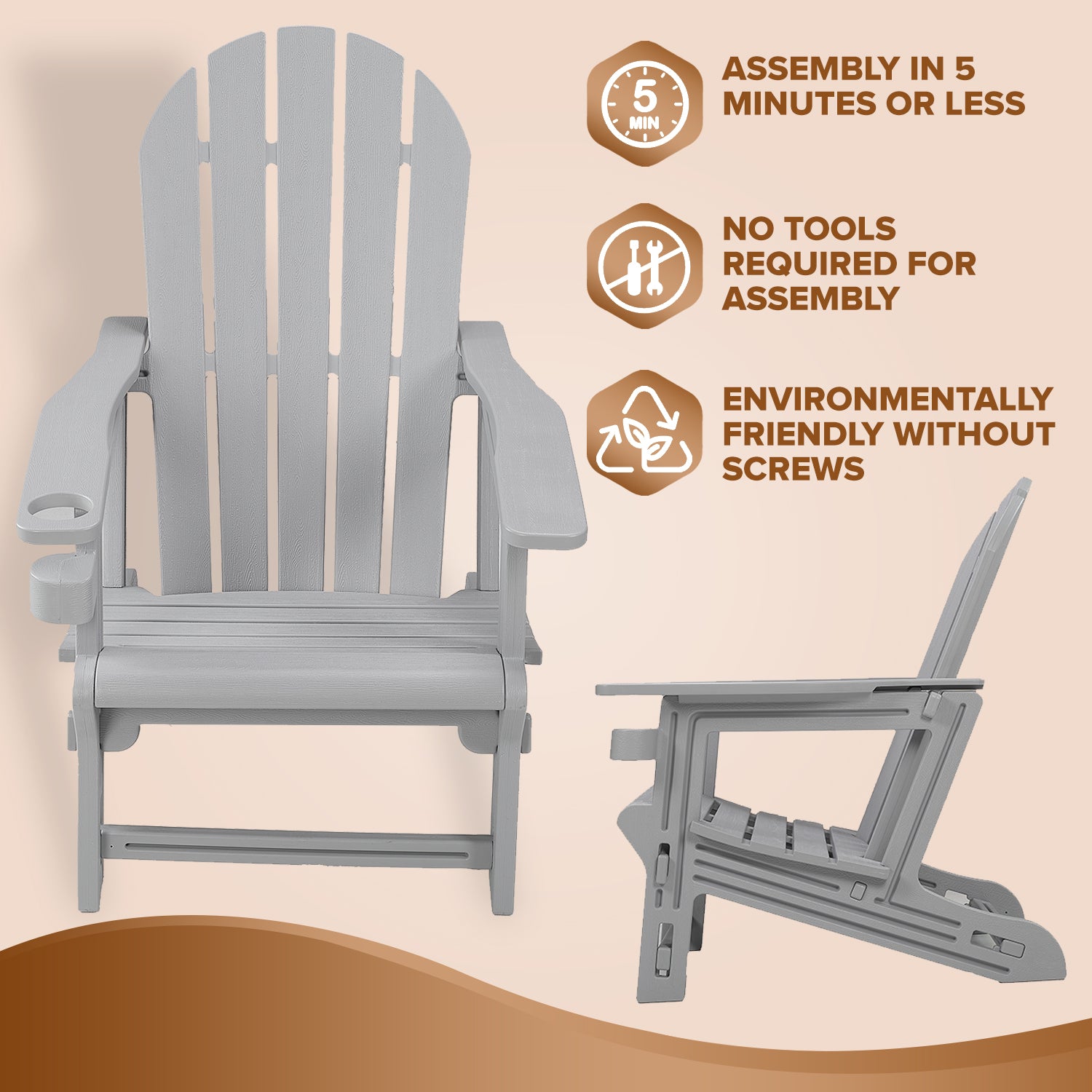 Adirondack Chair - HDPE Weather Resistant, No Tools and Hardware Required 5-Minute Assembly, Patio, Firepit or Lawn Chairs, Gray