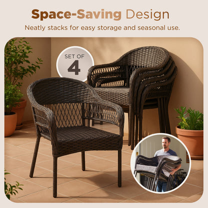 Arro Bistro Stacking Chairs, Mocha, Wicker Construction, Indoor &amp; Outdoor - 4 Piece Set